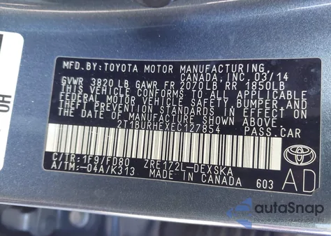 2014 Toyota Corolla S Plus z USA, uszkodzony, nr VIN 2T1BURHEXEC127854